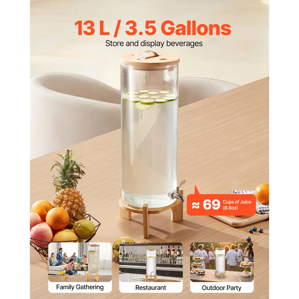 VEVOR Beverage Dispenser, 3.5 Gallon Drink Dispensers for Parties, Glass Juice Dispenser with Wood Stand, Stainless