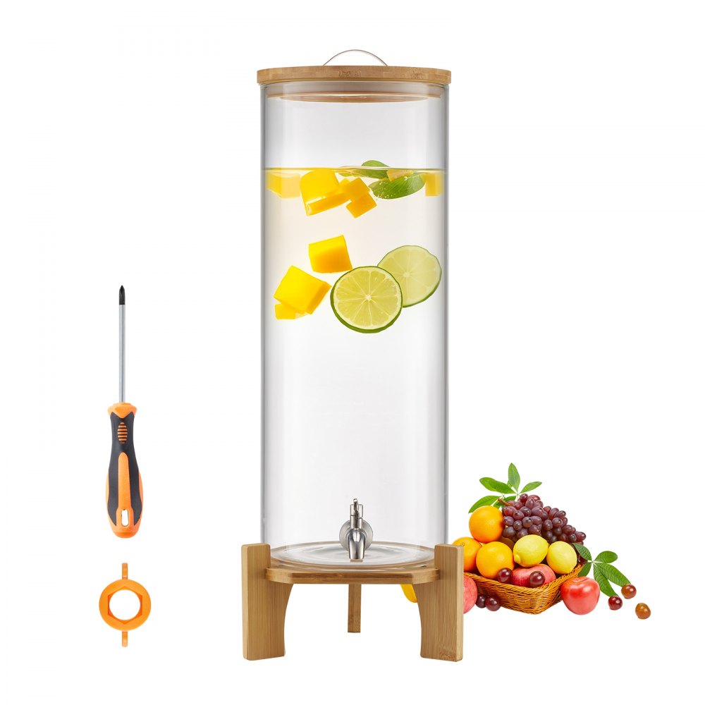 VEVOR Beverage Dispenser, 3.5 Gallon Drink Dispensers for Parties, Glass Juice Dispenser with Wood Stand, Stainless