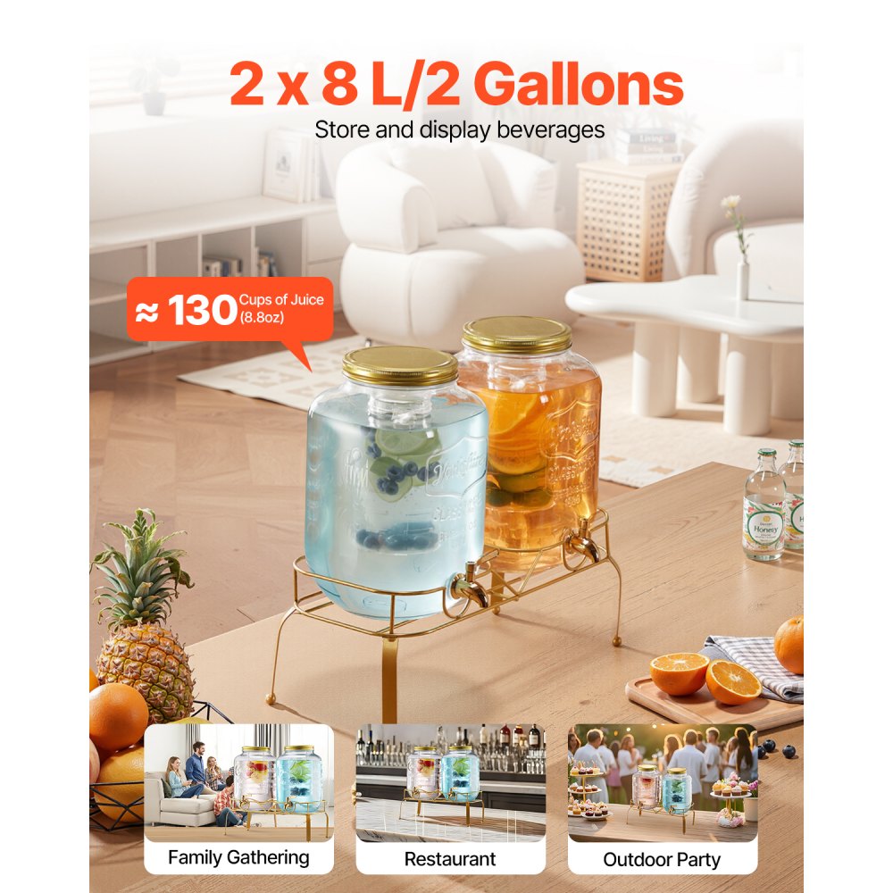 VEVOR Beverage Dispenser, 2 Pack 2 Gallon Drink Dispensers for Parties, Glass Juice Dispenser with Metal Stand