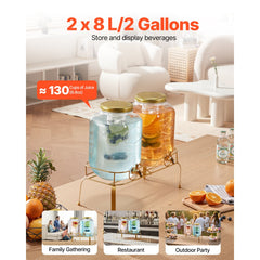 VEVOR Beverage Dispenser, 2 Pack 2 Gallon Drink Dispensers for Parties, Glass Juice Dispenser with Metal Stand
