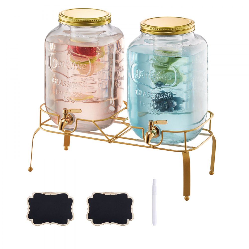 VEVOR Beverage Dispenser, 2 Pack 2 Gallon Drink Dispensers for Parties, Glass Juice Dispenser with Metal Stand