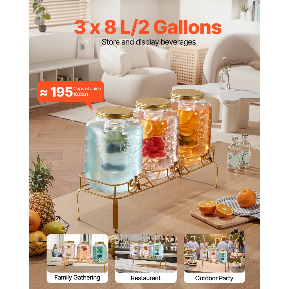VEVOR Beverage Dispenser, 3 Pack 2 Gallon Drink Dispensers for Parties, Glass Juice Dispenser with Metal Stand