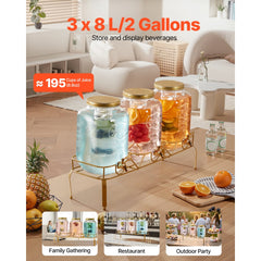 VEVOR Beverage Dispenser, 3 Pack 2 Gallon Drink Dispensers for Parties, Glass Juice Dispenser with Metal Stand