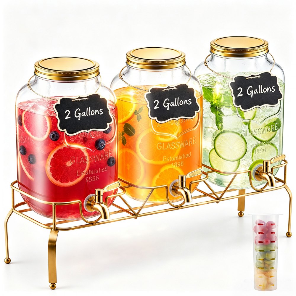 VEVOR Beverage Dispenser, 3 Pack 2 Gallon Drink Dispensers for Parties, Glass Juice Dispenser with Metal Stand