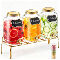 VEVOR Beverage Dispenser, 3 Pack 2 Gallon Drink Dispensers for Parties, Glass Juice Dispenser with Metal Stand