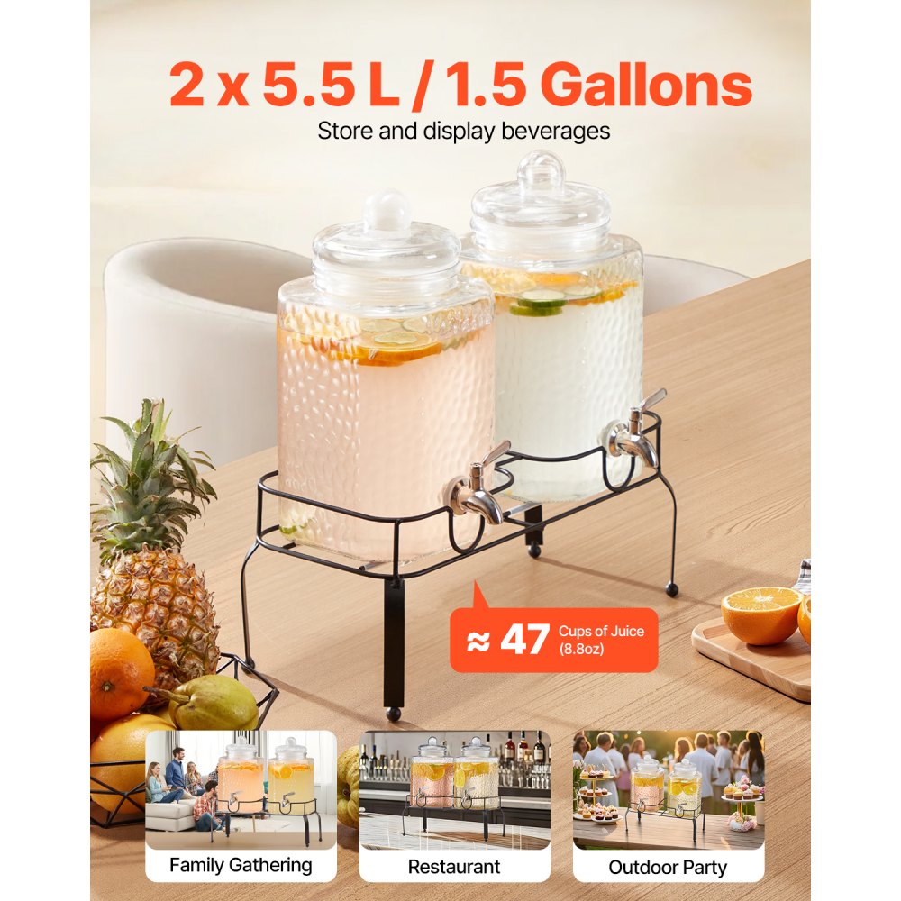 VEVOR Beverage Dispenser, 2 Pack 1.5 Gallon Drink Dispensers for Parties, Glass Juice Dispenser with Metal Stand