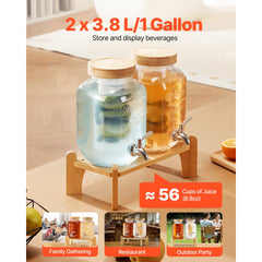 VEVOR Beverage Dispenser, 2 Pack 1 Gallon Drink Dispensers for Parties, Glass Juice Dispenser with Wood Stand