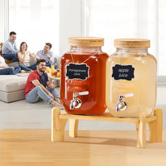 VEVOR Beverage Dispenser, 2 Pack 1 Gallon Drink Dispensers for Parties, Glass Juice Dispenser with Wood Stand