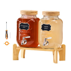 VEVOR Beverage Dispenser, 2 Pack 1 Gallon Drink Dispensers for Parties, Glass Juice Dispenser with Wood Stand