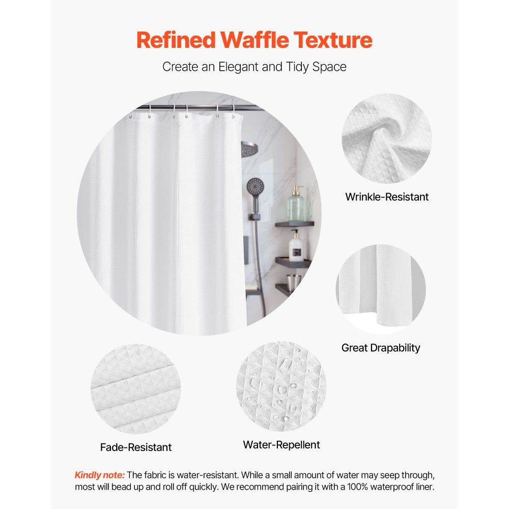 VEVOR White Fabric Shower Curtain, 240 GSM Weighted Waffle Shower Curtains, Polyester Curtain with Rust-Resistant