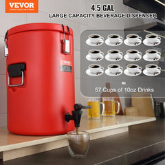 VEVOR Stainless Steel Insulated Beverage Dispenser, 4.5 Gallon 17.2 Liter, Thermal Hot and Cold Drink Server Dispenser
