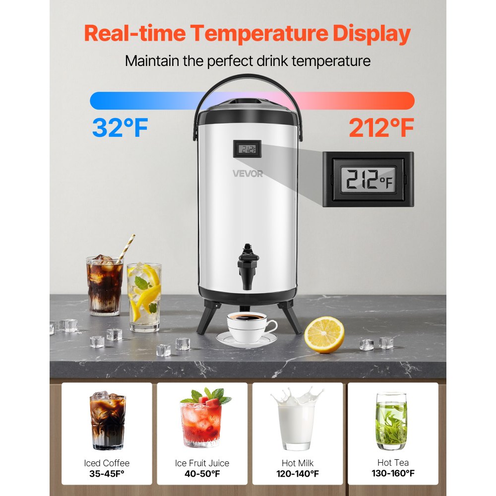 VEVOR Insulated Beverage Dispenser, 2.4 Gal/9.2L Stainless Steel Thermal Drink Server with Spigot & Temp Display