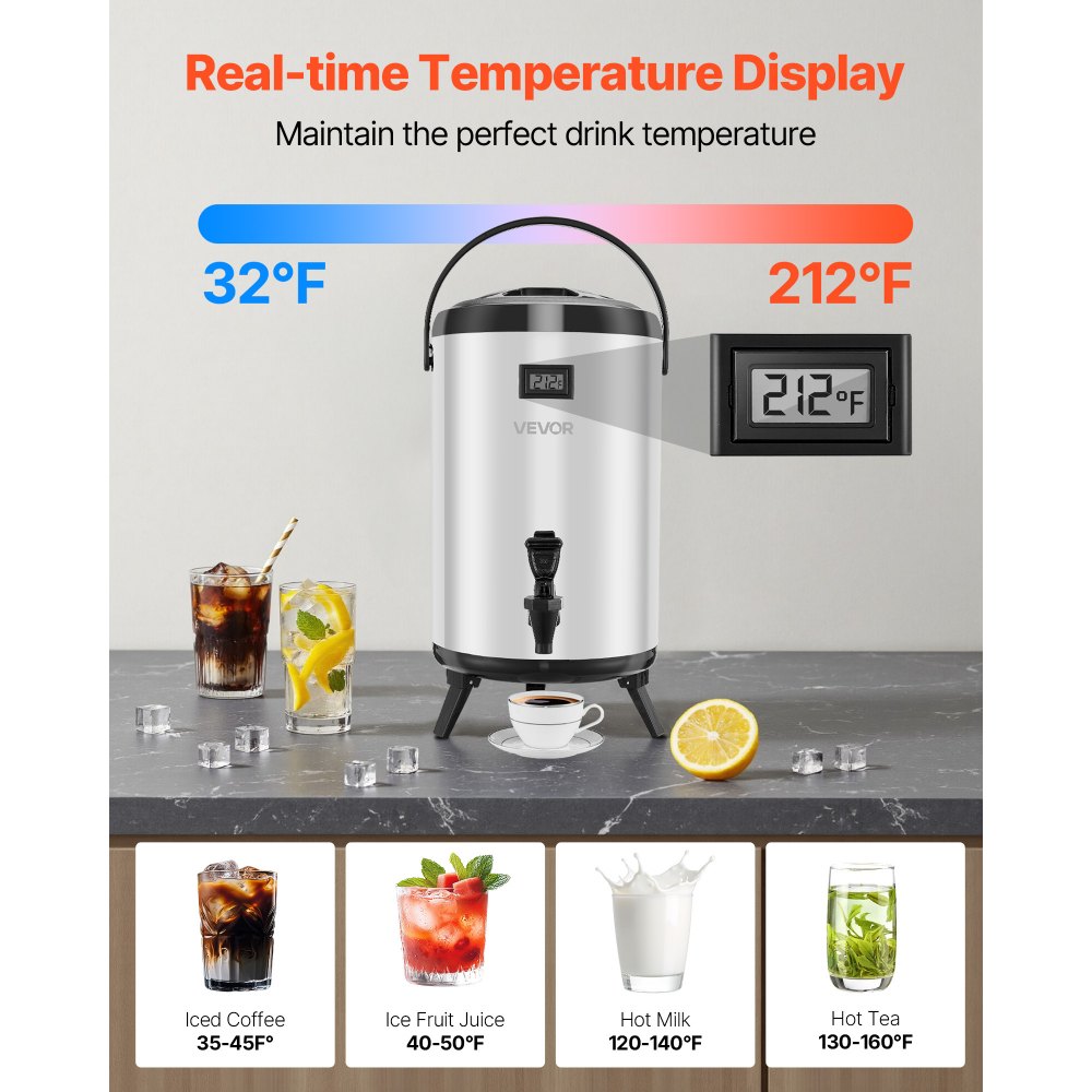 VEVOR Insulated Beverage Dispenser, 3.2 Gal/12L Stainless Steel Thermal Drink Server with Spigot & Temp Display