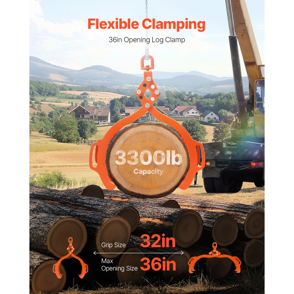 VEVOR 36in Log Lifting Tongs, 4-Claw Log Tongs, Heavy Duty Steel Log Grapple, 3300LBS Lifting Capacity, Swivel Log