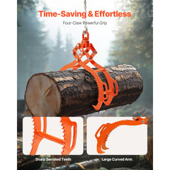VEVOR 36in Log Lifting Tongs, 4-Claw Log Tongs, Heavy Duty Steel Log Grapple, 3300LBS Lifting Capacity, Swivel Log