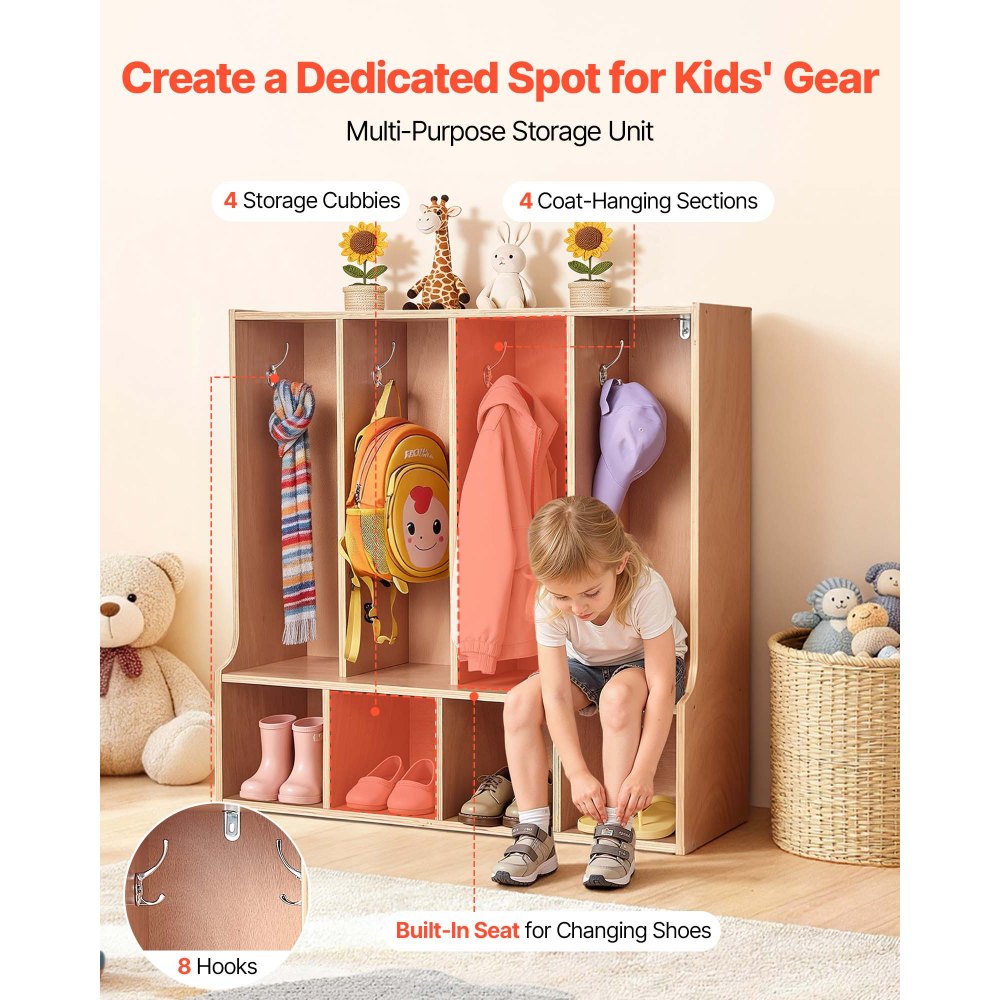 VEVOR 4-Section Kids Coat Locker, Wooden Toddler Cubby Storage Organizer with 8 Hooks & Non-Slip Mat, Modern Kid Coat