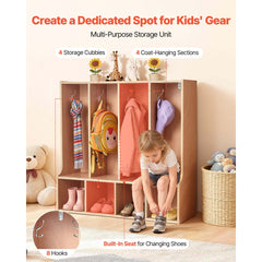VEVOR 4-Section Kids Coat Locker, Wooden Toddler Cubby Storage Organizer with 8 Hooks & Non-Slip Mat, Modern Kid Coat