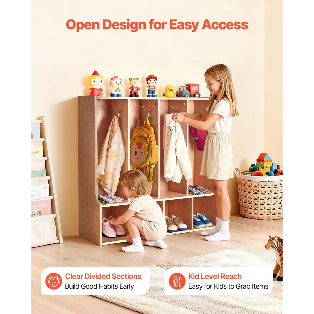 VEVOR 4-Section Kids Coat Locker, Wooden Toddler Cubby Storage Organizer with 8 Hooks & Non-Slip Mat, Modern Kid Coat