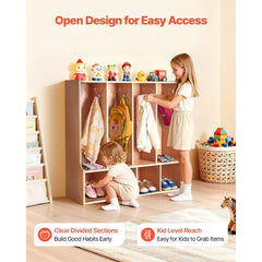 VEVOR 4-Section Kids Coat Locker, Wooden Toddler Cubby Storage Organizer with 8 Hooks & Non-Slip Mat, Modern Kid Coat