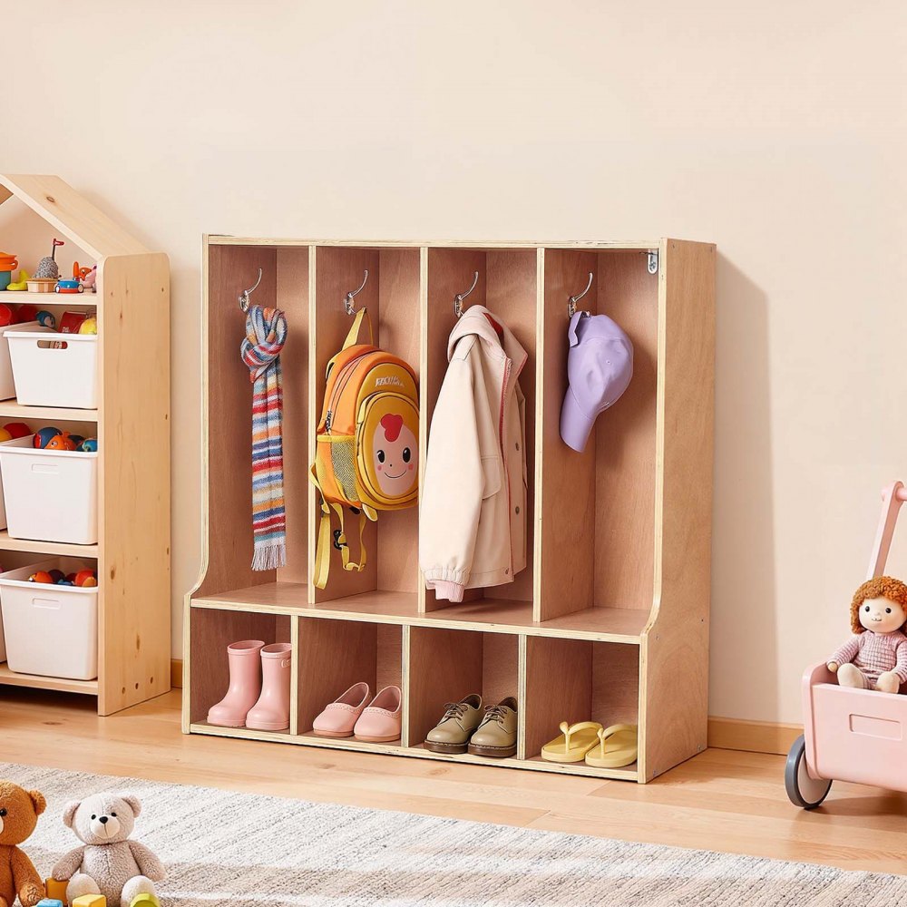 VEVOR 4-Section Kids Coat Locker, Wooden Toddler Cubby Storage Organizer with 8 Hooks & Non-Slip Mat, Modern Kid Coat