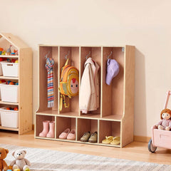 VEVOR 4-Section Kids Coat Locker, Wooden Toddler Cubby Storage Organizer with 8 Hooks & Non-Slip Mat, Modern Kid Coat