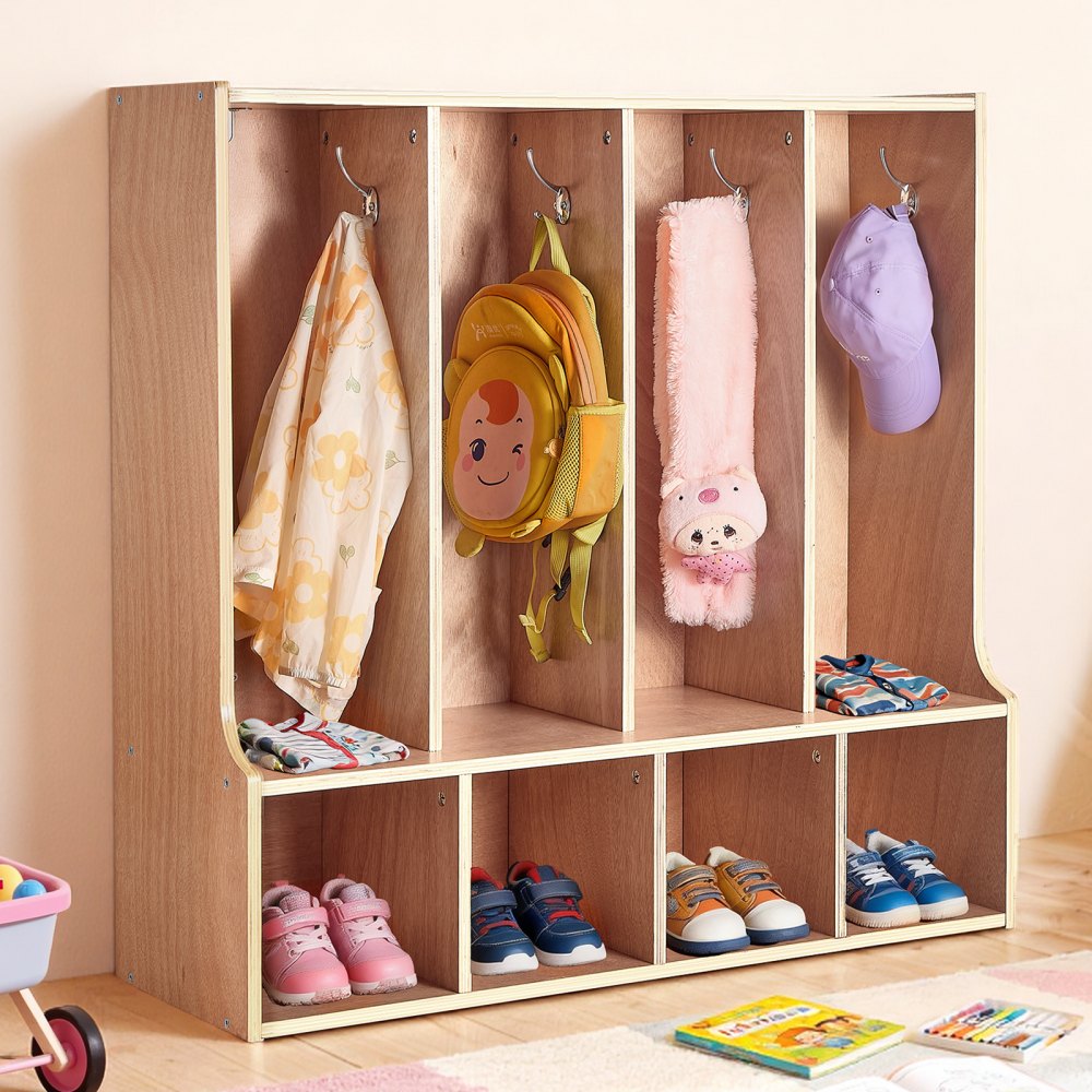 VEVOR 4-Section Kids Coat Locker, Wooden Toddler Cubby Storage Organizer with 8 Hooks & Non-Slip Mat, Modern Kid Coat