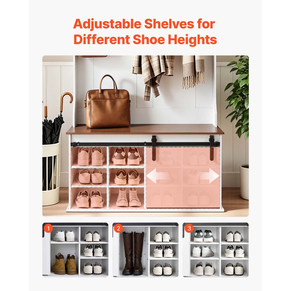 VEVOR Hall Tree with Bench and Shoe Storage, 42" Wide, Entryway Hall Tree with Bench, Hanging Hooks, Storage Shelves