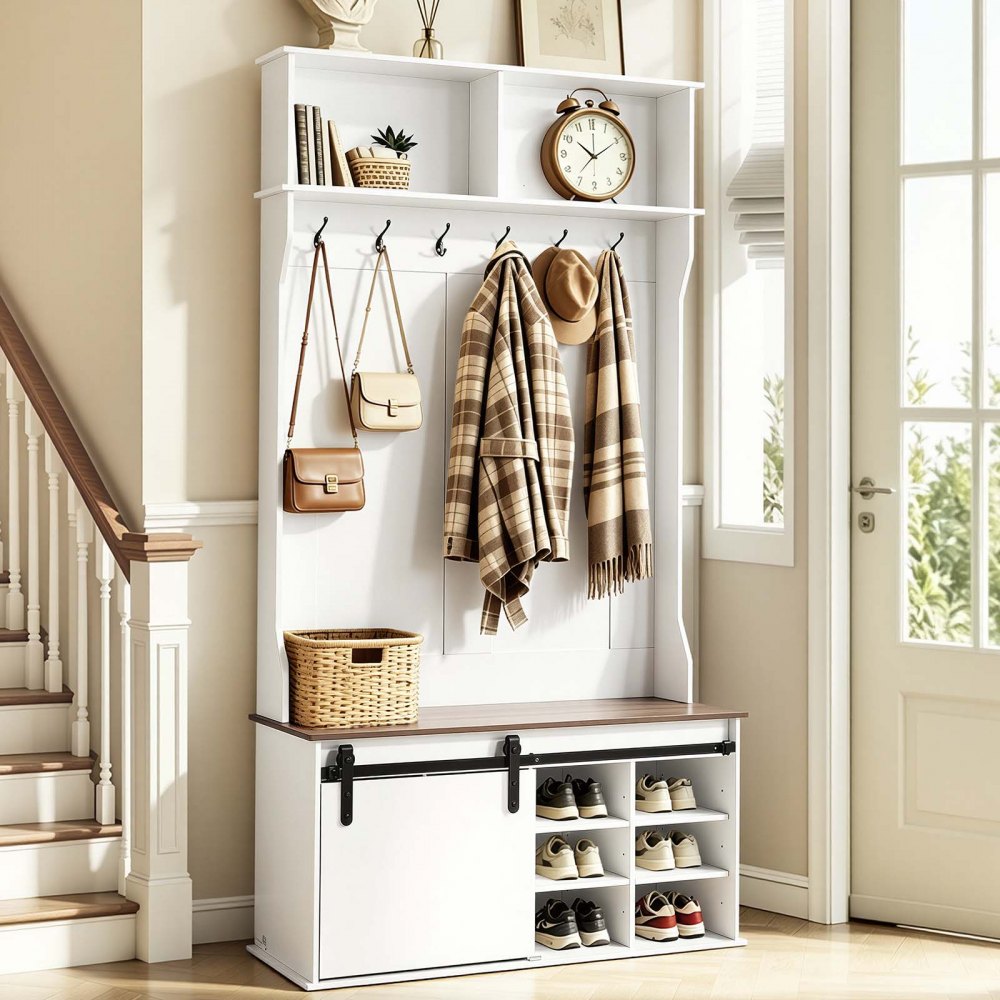 VEVOR Hall Tree with Bench and Shoe Storage, 42" Wide, Entryway Hall Tree with Bench, Hanging Hooks, Storage Shelves