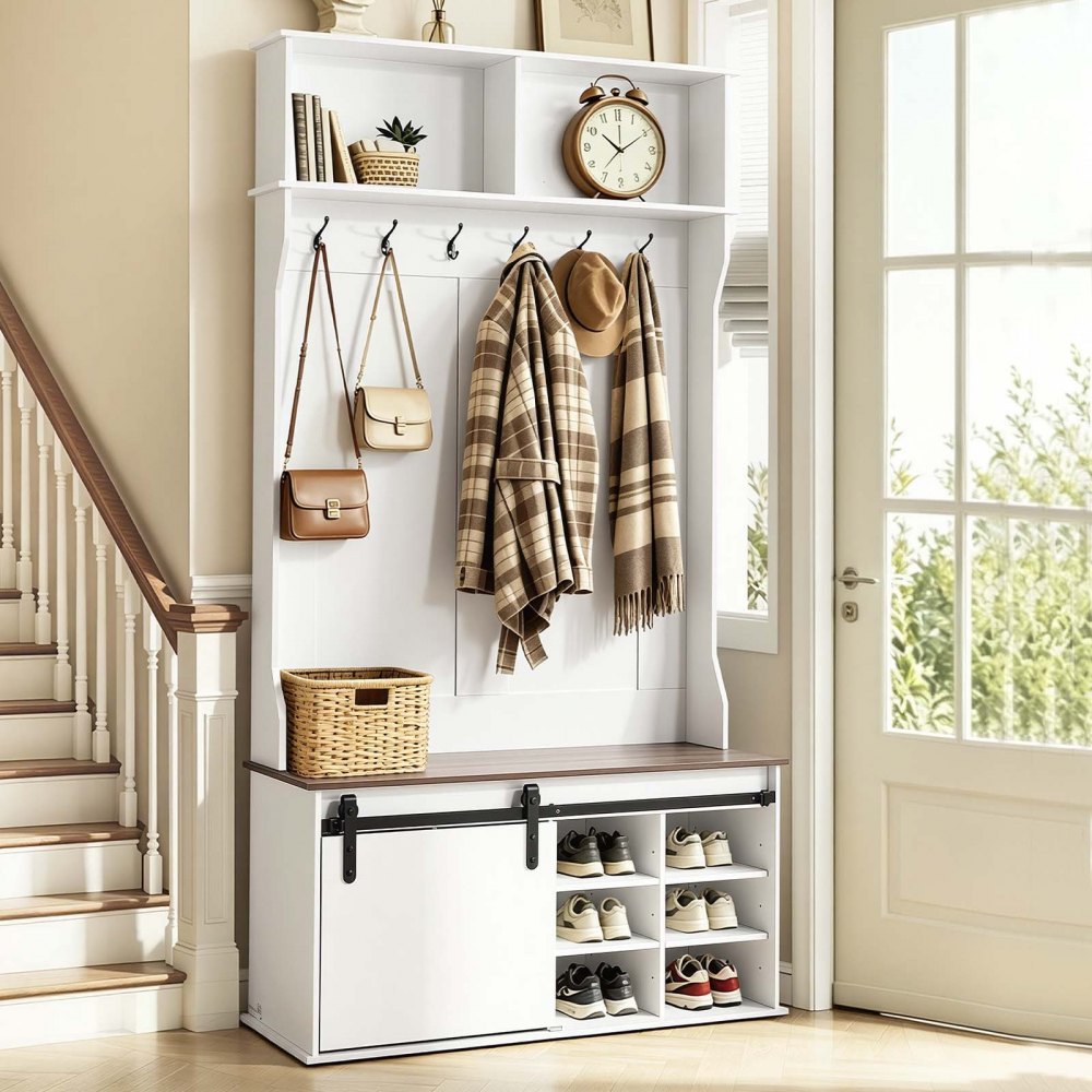 VEVOR Hall Tree with Bench and Shoe Storage, 42" Wide, Entryway Hall Tree with Bench, Hanging Hooks, Storage Shelves