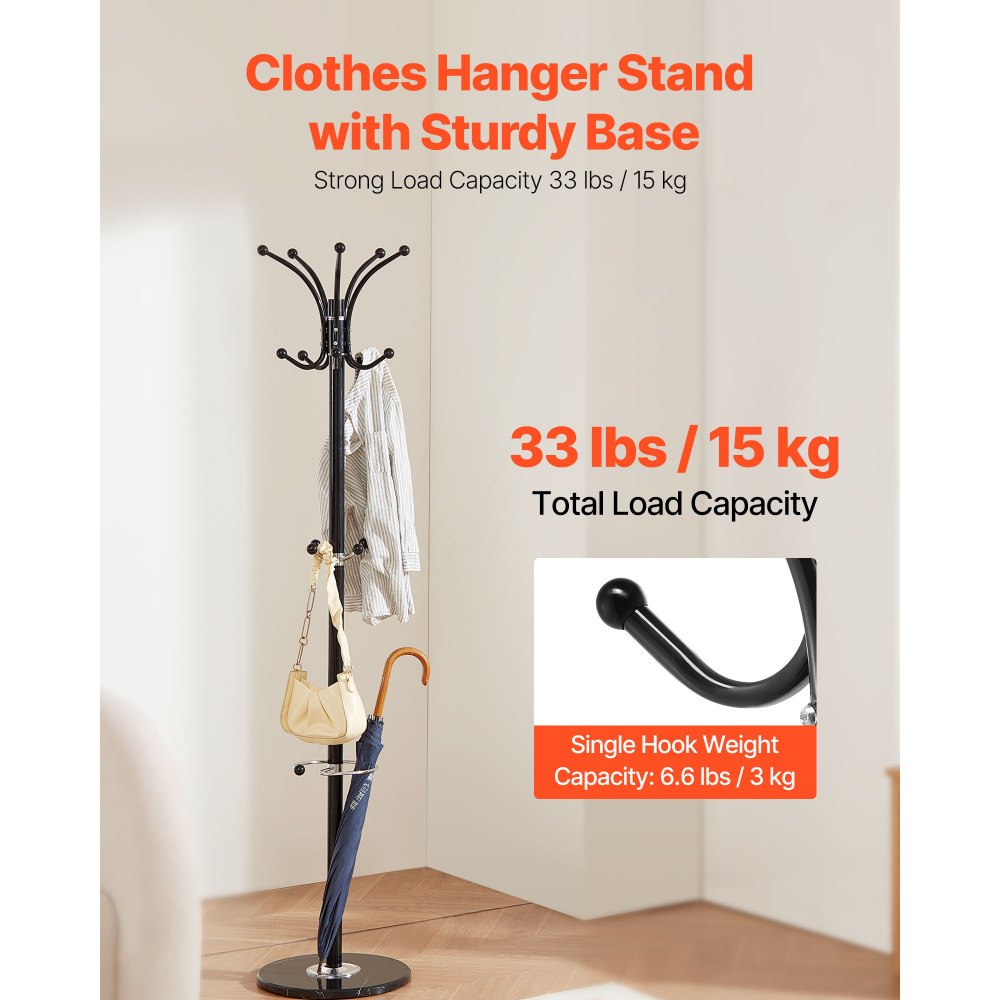 VEVOR Freestanding Coat Rack, Metal Coats Rack Stand with Umbrella Holder, Stable Marble Base & 14 Hooks, Hall Coat