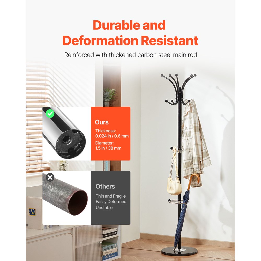 VEVOR Freestanding Coat Rack, Metal Coats Rack Stand with Umbrella Holder, Stable Marble Base & 14 Hooks, Hall Coat