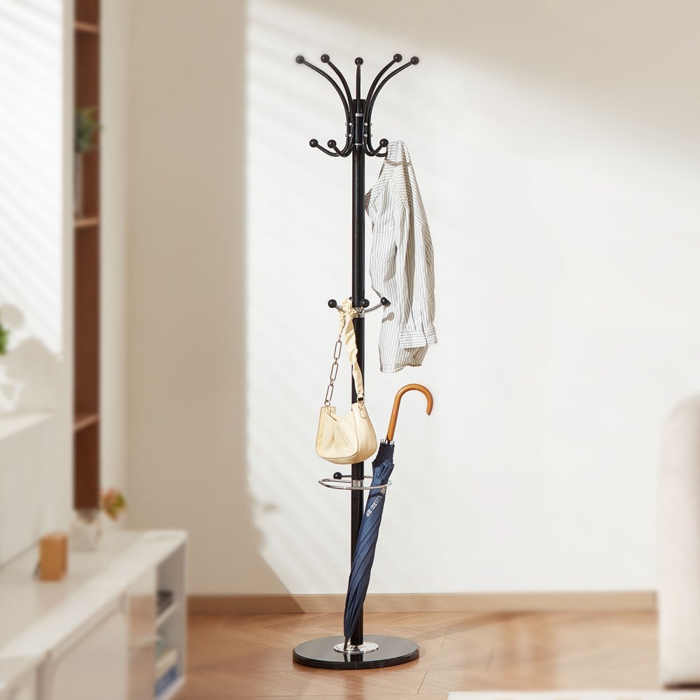 VEVOR Freestanding Coat Rack, Metal Coats Rack Stand with Umbrella Holder, Stable Marble Base & 14 Hooks, Hall Coat