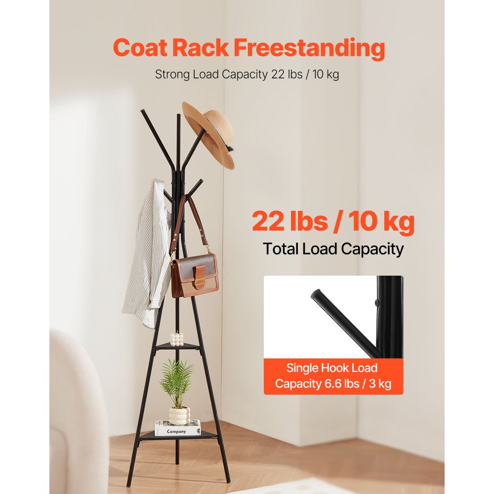 VEVOR Coat Rack, Freestanding Coats Rack Stand with 2 Shelves & 6 Hooks, Free Standing Hall Coat Tree for Entryway