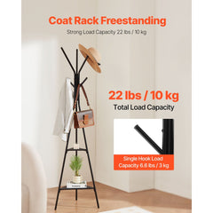 VEVOR Coat Rack, Freestanding Coats Rack Stand with 2 Shelves & 6 Hooks, Free Standing Hall Coat Tree for Entryway