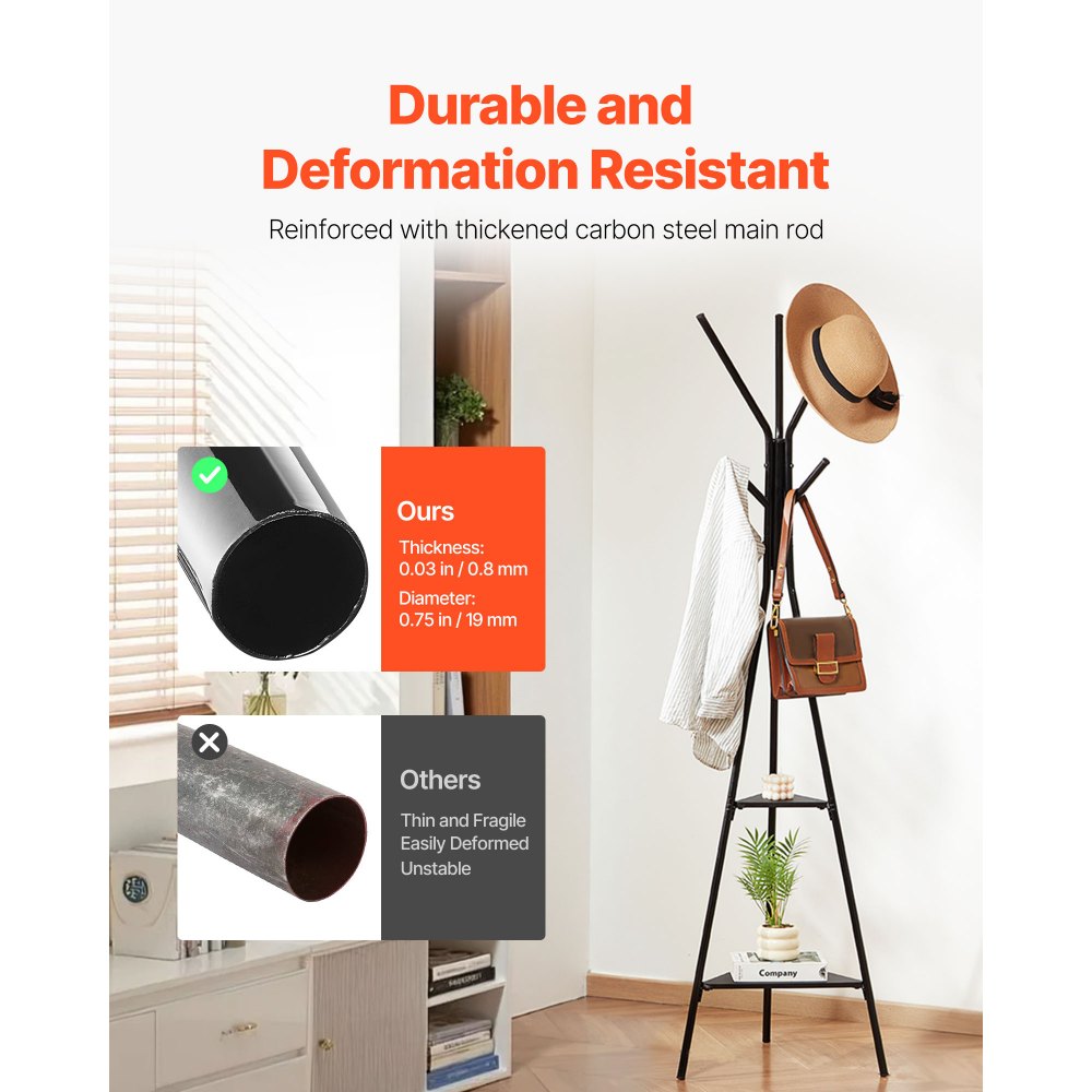 VEVOR Coat Rack, Freestanding Coats Rack Stand with 2 Shelves & 6 Hooks, Free Standing Hall Coat Tree for Entryway