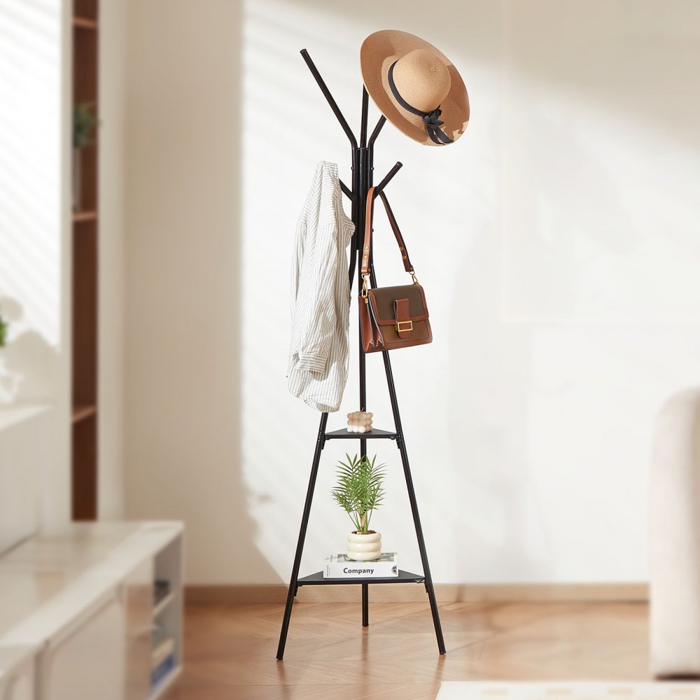 VEVOR Coat Rack, Freestanding Coats Rack Stand with 2 Shelves & 6 Hooks, Free Standing Hall Coat Tree for Entryway