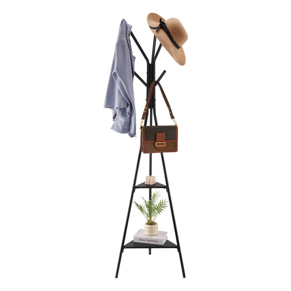 VEVOR Coat Rack, Freestanding Coats Rack Stand with 2 Shelves & 6 Hooks, Free Standing Hall Coat Tree for Entryway
