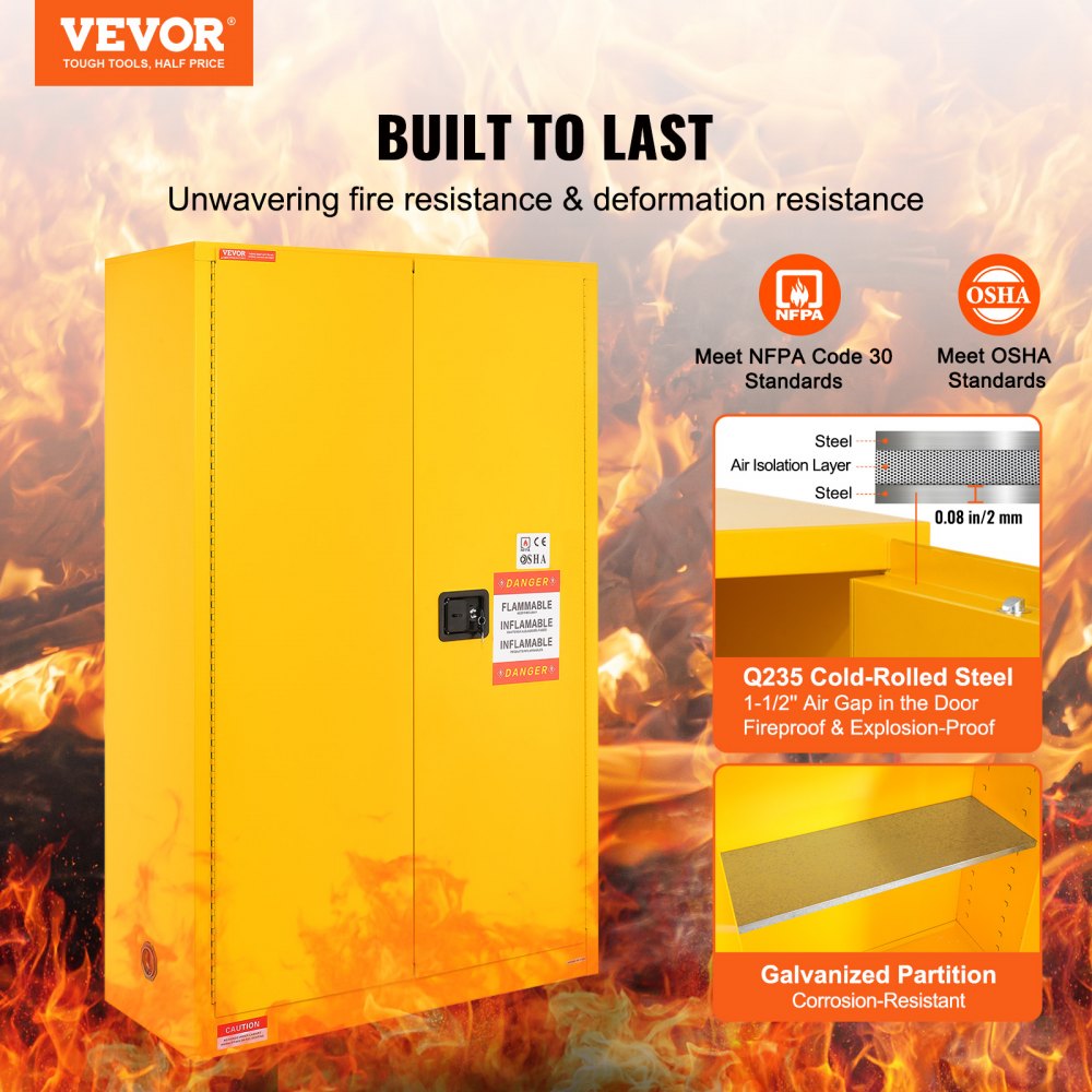 VEVOR Flammable Safety Cabinet, 45 Gal, Cold-Rolled Steel Flammable Liquid Storage Cabinet, 42.9 x 18.1 x 65.2 in