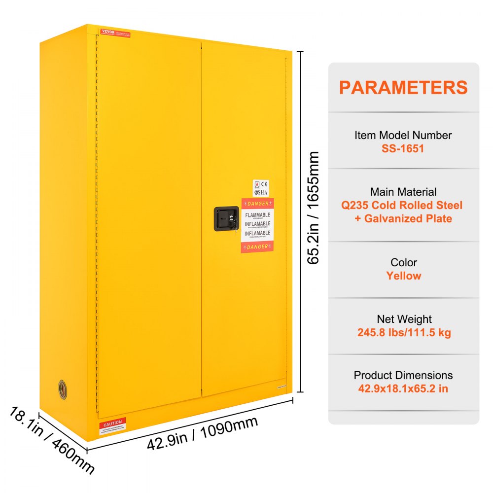 VEVOR Flammable Safety Cabinet, 45 Gal, Cold-Rolled Steel Flammable Liquid Storage Cabinet, 42.9 x 18.1 x 65.2 in