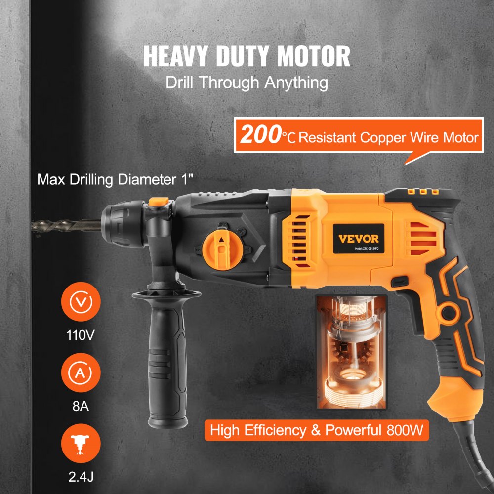 VEVOR 1 Inch SDS-Plus Rotary Hammer Drill, 8 Amp Corded Drills, Heavy Duty Chipping Hammers with Safety Clutch