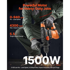 VEVOR 1-1/4 Inch SDS-Plus Rotary Hammer Drill, 13 Amp Corded Drills, Heavy Duty Chipping Hammers with Vibration Control