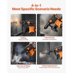 VEVOR 1-1/4 Inch SDS-Plus Rotary Hammer Drill, 13 Amp Corded Drills, Heavy Duty Chipping Hammers with Vibration Control