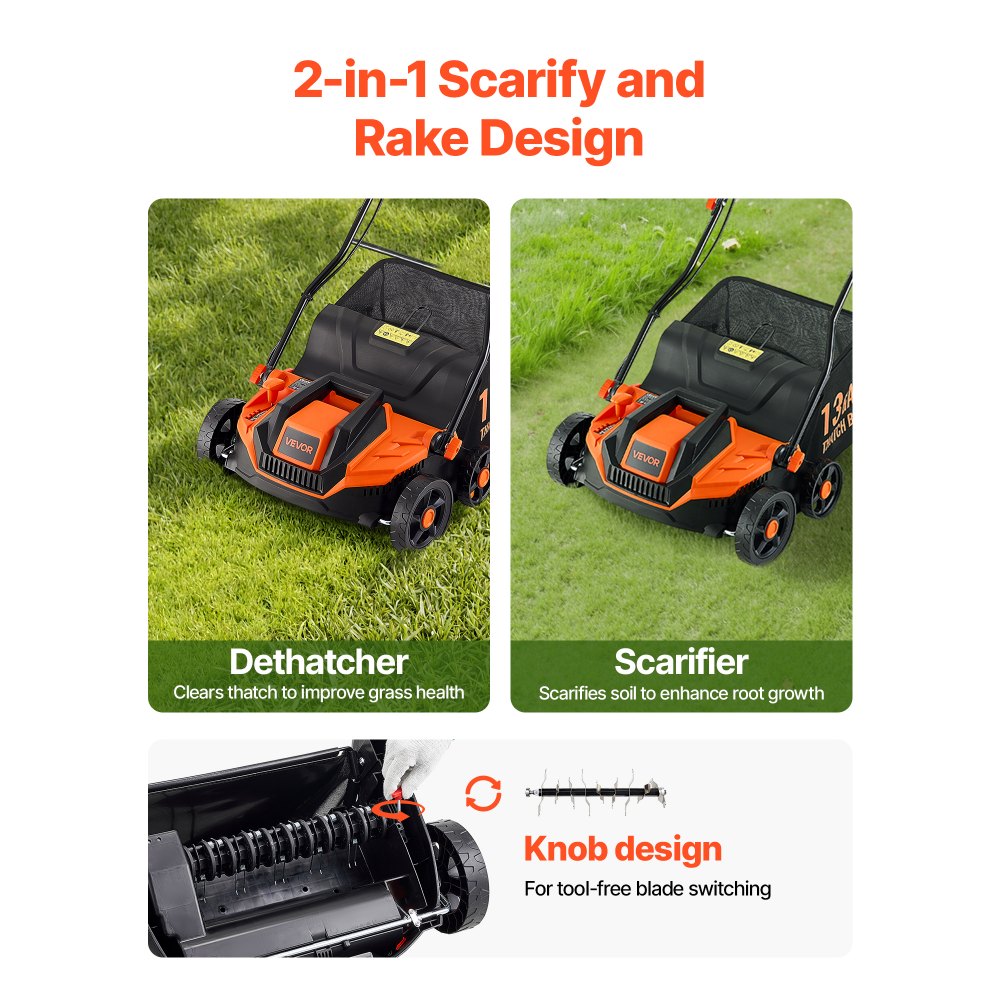 VEVOR 2-in-1 Electric Dethatcher and Scarifier, 13-Inch 13 Amp, Corded Lawn Dethatcher with 13-Gallon Thatch Collection