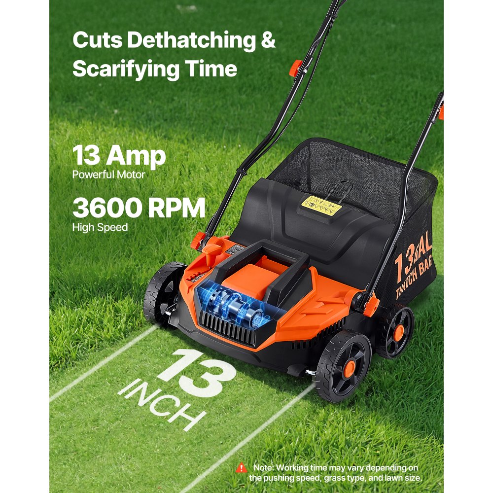 VEVOR 2-in-1 Electric Dethatcher and Scarifier, 13-Inch 13 Amp, Corded Lawn Dethatcher with 13-Gallon Thatch Collection