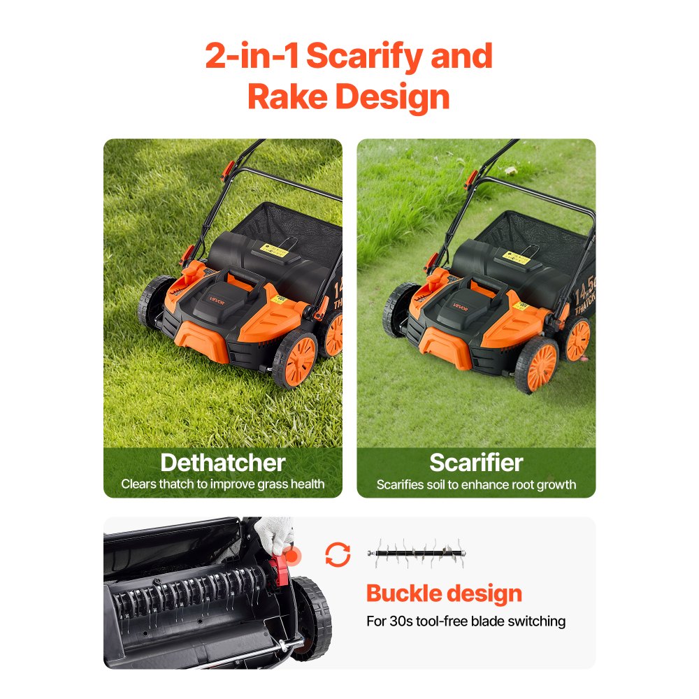 VEVOR 2-in-1 Electric Dethatcher and Scarifier, 16-Inch 15 Amp, Corded Lawn Dethatcher with 14.5-Gallon Thatch