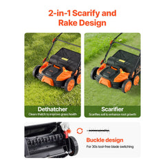 VEVOR 2-in-1 Electric Dethatcher and Scarifier, 16-Inch 15 Amp, Corded Lawn Dethatcher with 14.5-Gallon Thatch