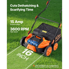 VEVOR 2-in-1 Electric Dethatcher and Scarifier, 16-Inch 15 Amp, Corded Lawn Dethatcher with 14.5-Gallon Thatch