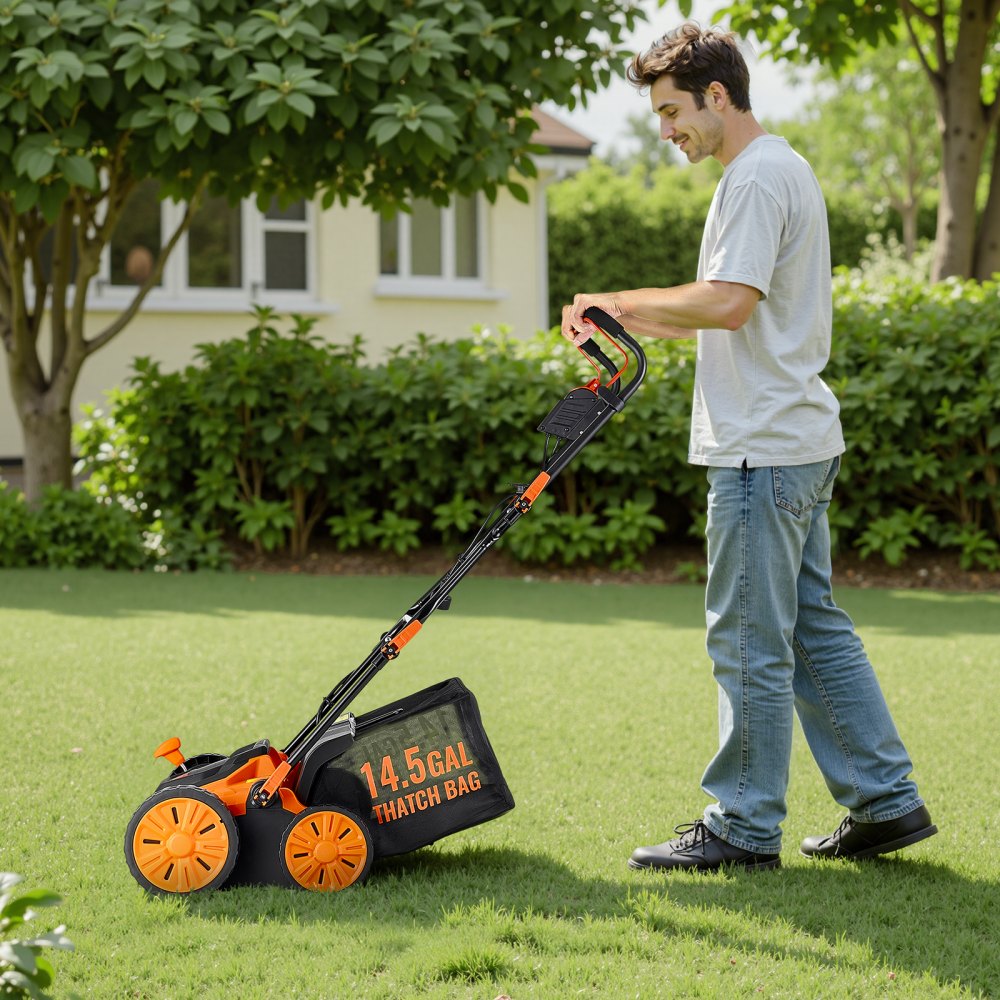VEVOR 2-in-1 Electric Dethatcher and Scarifier, 16-Inch 15 Amp, Corded Lawn Dethatcher with 14.5-Gallon Thatch
