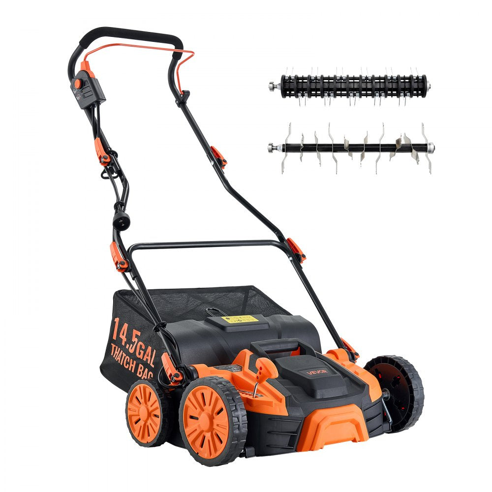 VEVOR 2-in-1 Electric Dethatcher and Scarifier, 16-Inch 15 Amp, Corded Lawn Dethatcher with 14.5-Gallon Thatch