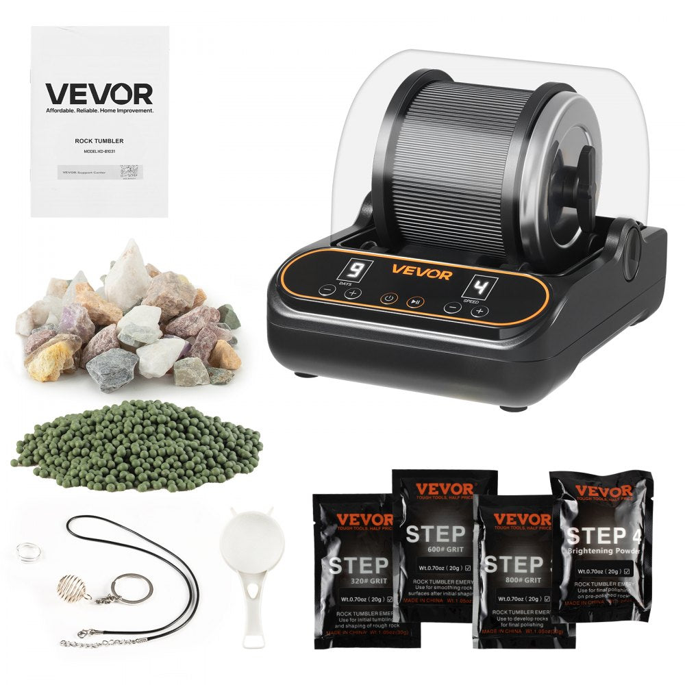 VEVOR Rock Tumbler, 1 lb Rock Polishing Machine, Rocks Tumbling Kit with 4-Speed Adjustment, 1-9 Day Timer, PC Sound